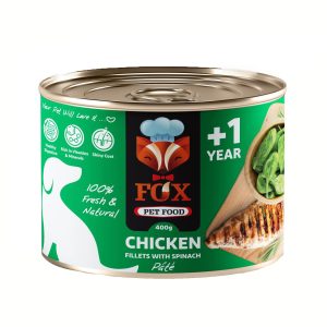 کنسروسگ بالغ فاکس با طعم فیله ی مرغ و اسفناج
