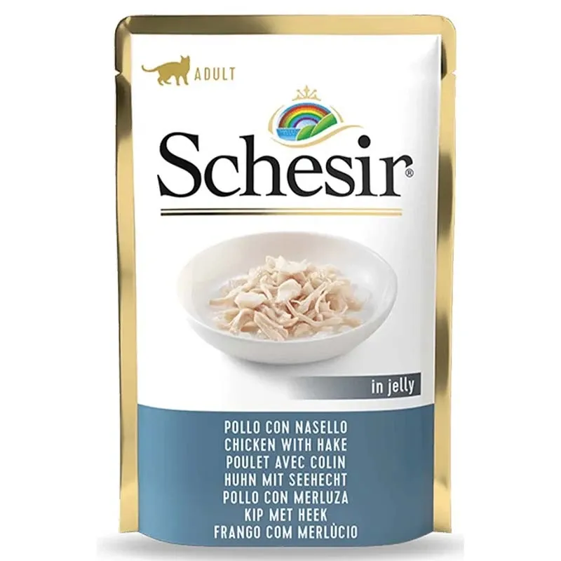 پوچ گربه شسیر با طعم مرغ و ماهی هیک در سس پوچ گربه شسیر با طعم مرغ و ماهی هیک در سس