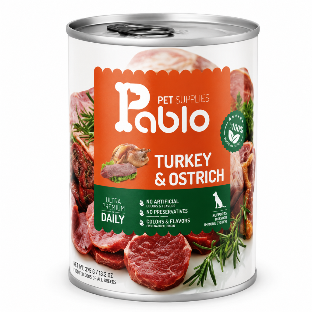 کنسرو پابلو ۴۰۰ گرمی نچرال اولترا پرمیوم سگ با طعم شترمرغ و بوقلمون Pablo Natural Ultra Premium Dog Wet Food with Ostrich & Turkey Flavor