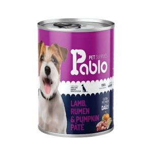 کنسرو پابلو ۴۰۰ گرمی پرمیوم سگ با طعم بره، کدوتنبل و سیرابی Pablo Premium Dog Wet Food with Lamb, Pumpkin & Tripe Flavor