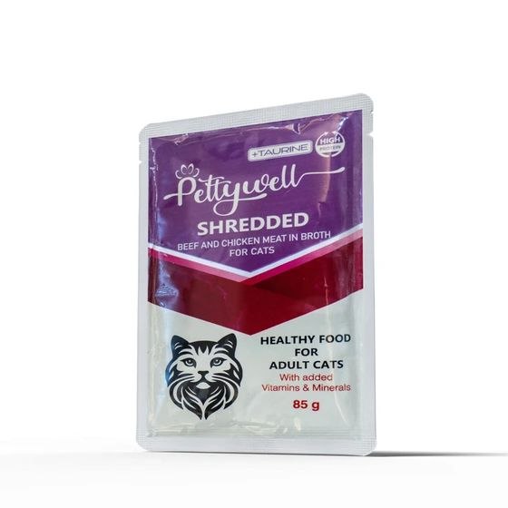 پوچ پتی ول گربه بالغ با گوشت گاو و گوشت مرغ در آب گوشت ۸۵ گرم Petywell Adult Cat Pouch Beef & Chicken Meat in Broth 