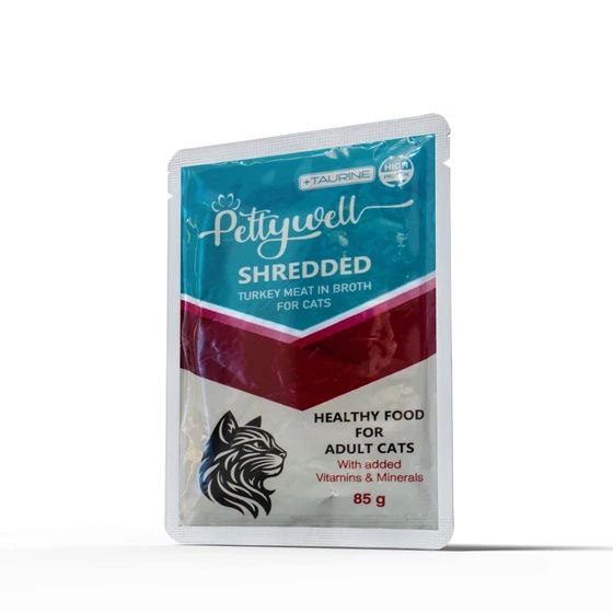 پوچ پتی ول گربه بالغ با گوشت بوقلمون در آب گوشت ۸۵ گرم Petywell Adult Cat Pouch Turkey Meat in Broth 