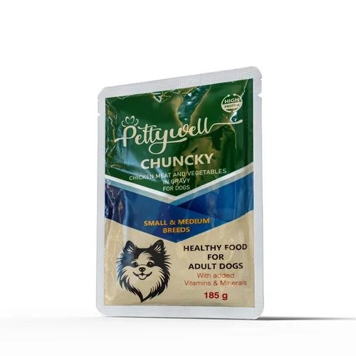 پوچ پتی ول سگ بالغ با گوشت مرغ و سبزیجات در گریوی ۱۸۵ گرم Petywell Adult Dog Pouch Chicken Meat & Vegetables in Gravy 