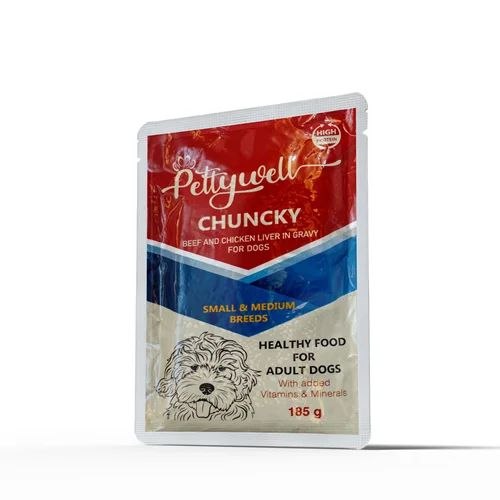پوچ پتی ول سگ بالغ با گوشت گاو و جگر مرغ در گریوی ۱۸۵ گرم Petywell Adult Dog Pouch Beef & Chicken Liver in Gravy 