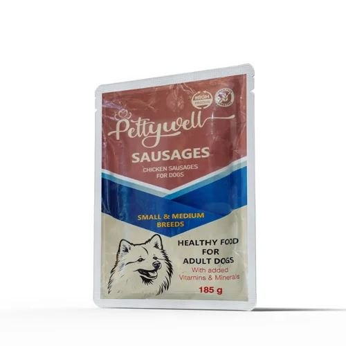 پوچ پتی ول سگ بالغ با سوسیس مرغ ۱۸۵ گرم Petywell Adult Dog Pouch Chicken Sausages