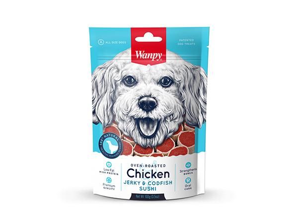 deb146f5947497632b4578ef31f92452 سوشی جرکی مرغ و ماهی کاد تنوری ونپی 100 گرم Wanpy Oven-Roasted Chicken Jerky & Codfish Sushi - Image 1
